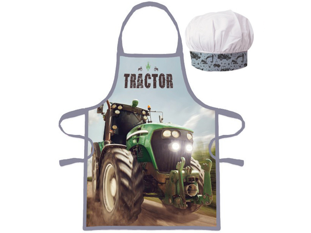 Detská zástera s kuchárskou čiapkou Zelený traktor